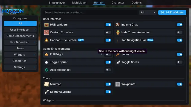 Horizon menu: Every feature in one place: search, favourites and the HUD editor (Right Shift).