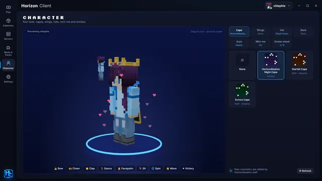Character: Pick capes, hats, auras, mini-me and your emote wheel with a live 3D preview.